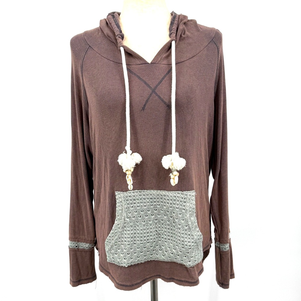 POL Womens Top S Boho Hippie Festival Brown Hoodie Blue Crochet Pocket Tassels